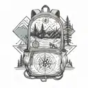 A backpack with compass symbols, surrounded by hiking trails, mountains, bear inside tattoo design idea