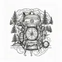 A backpack with compass symbols, surrounded by hiking trails, mountains, bear inside tattoo design idea