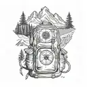 A backpack with compass symbols, surrounded by hiking trails, mountains, bear inside tattoo design idea