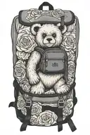 backpack where a cute teddybear peeps out from the inside, in the back a compas rose tattoo design idea