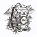 A backpack with compass symbols, surrounded by hiking trails, mountains, bearhead peeps out tattoo design idea