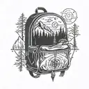A backpack with compass symbols, surrounded by hiking trails, mountains, bearhead peeps out tattoo design idea