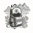 A backpack with compass symbols, surrounded by hiking trails, mountains, bearhead peeps out tattoo design idea