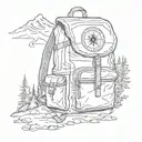 A backpack with compass symbols, surrounded by hiking trails, mountains, bearhead peeps out backpack tattoo design idea