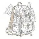 A backpack with compass symbols, surrounded by hiking trails, mountains, bearhead peeps out backpack tattoo design idea