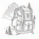 A backpack with compass symbols, surrounded by hiking trails, mountains, bearhead peeps out backpack tattoo design idea