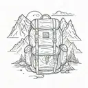 A backpack with compass symbols, surrounded by hiking trails, mountains, bearhead peeps out backpack tattoo design idea
