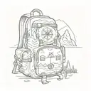 A backpack with compass symbols, surrounded by hiking trails, mountains, bearhead peeps out tattoo design idea