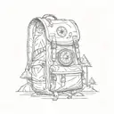 A backpack with compass symbols, surrounded by hiking trails, mountains, bearhead peeps out tattoo design idea