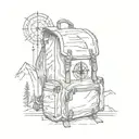 A backpack with compass symbols, surrounded by hiking trails, mountains, bearhead peeps out tattoo design idea
