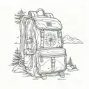A backpack with compass symbols, surrounded by hiking trails, mountains, bearhead peeps out tattoo design idea