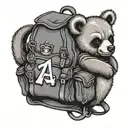 backpack where a little teddybear pops out, button with the A from anarchy tattoo design idea