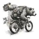 bear wearing backpack with compass, bicycle, anarchy symbol tattoo design idea