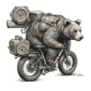 bear wearing backpack with compass, bicycle, anarchy symbol tattoo design idea
