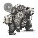 bear wearing backpack with compass, bicycle, anarchy symbol tattoo design idea