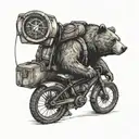 bear wearing backpack with compass, bicycle, anarchy symbol tattoo design idea