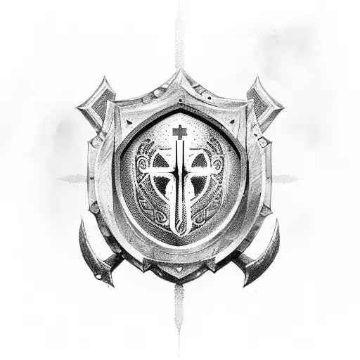 crusader shield with cross, harp and rose tattoo design idea