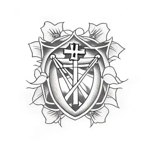 Christian cross Irish harp and roses on a battle shield tattoo design idea