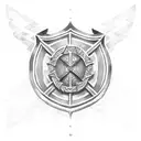 crusader shield with cross, harp and rose tattoo design idea
