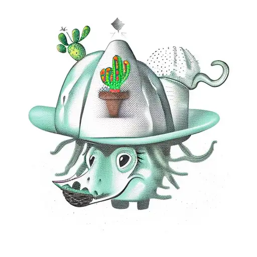 a funny cactus,  wearing a sombrero in a mexican style, having a taco in his hand and eating a magic mushroom tattoo design idea