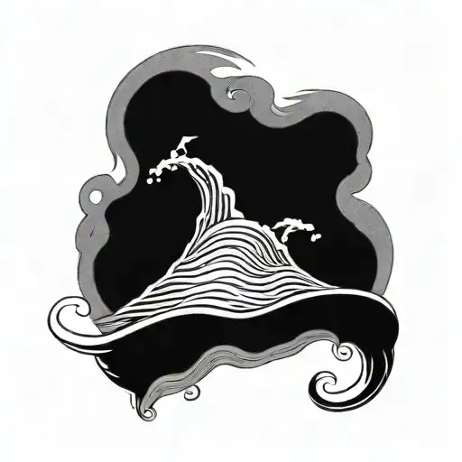 A blackwork tattoo of a majestic wave with a climbing rope intertwined, symbolizing the client's love for surfing and climbing tattoo design idea