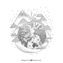 la montagne avec référence au ski, une tortue, un globe terrestre et un lion tattoo design idea