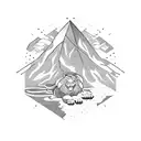 la montagne avec référence au ski, une tortue, un globe terrestre et un lion tattoo design idea