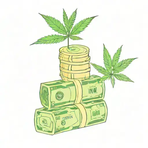 A stack of cash and a marijuana leaf intertwined in a minimalist design tattoo design idea