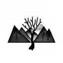 Mountain in the back, tree with branches and roots in the front tattoo design idea
