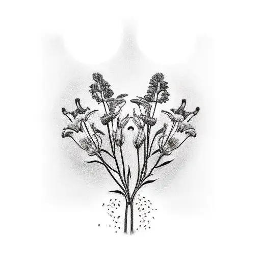 an ash tree in a meadow with different lillies, including tiger lillies tattoo design idea