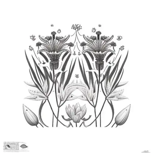 a meadow on a sunny day filled with an ash tree and different lillies, including tiger lillies.  tattoo design idea