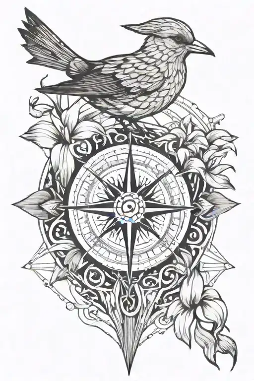 bird with calla lilies sea wave compass tattoo design idea