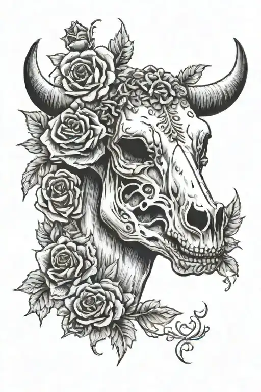 cow skull sunflowers roses surrounding tattoo design idea