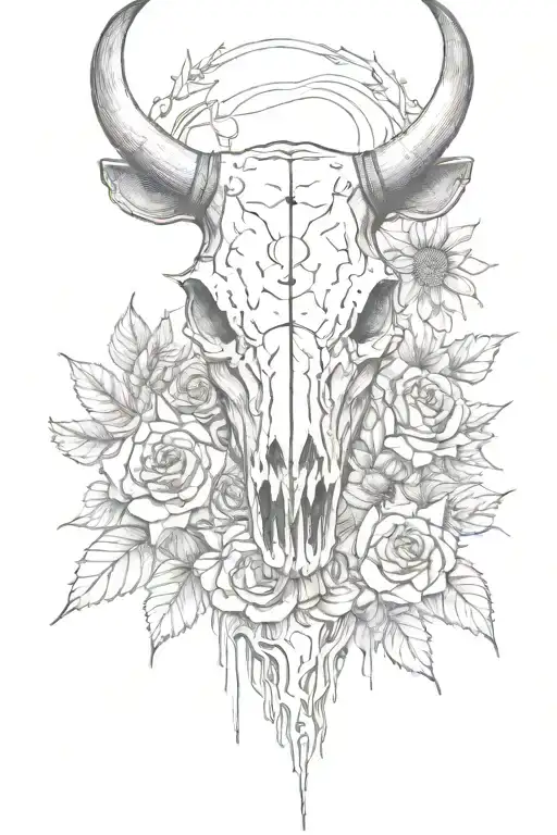 cow skull sunflowers roses surrounding  tattoo design idea