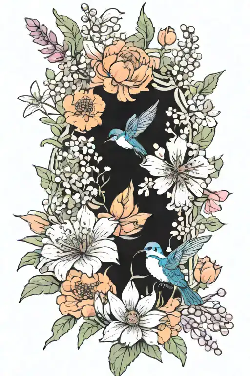bouquet of flowers with a chrysanthemum and poppy in front and Lily of the valley and cosmos. add a hummingbird  tattoo design idea