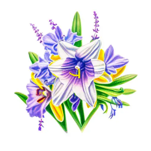 Daffodil and larkspur with 2 timothy 1:7 text tattoo design idea