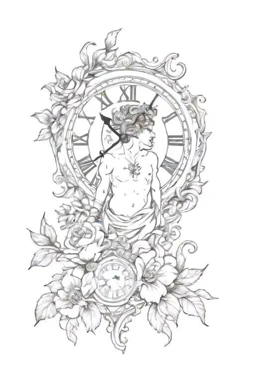 greek god with flower and clock melting tattoo design idea