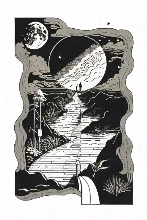 pathway leading towards the moon, with a sign along the pathway with number 107, surrounding details, a person walking  tattoo design idea