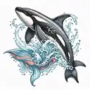 A tribal orca breaches through the watersurface and becomes a watercolor design above tattoo design idea