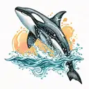 A tribal orca breaches through the watersurface and becomes a watercolor design above tattoo design idea