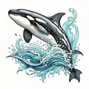 A tribal orca breaches through the watersurface and becomes a watercolor design above tattoo design idea