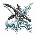 A tribal orca breaches through the watersurface and becomes a watercolor design above tattoo design idea