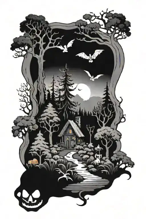 A spooky forest scene with hidden cryptids and creatures, inspired by the client's love for spooky and Halloween tattoo design idea