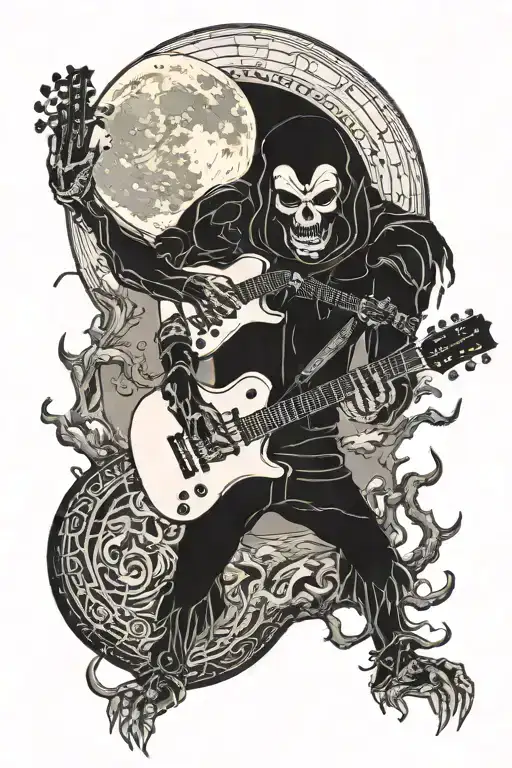 A spooky cryptid playing a guitar under a full moon, showcasing the connection between music and the supernatural tattoo design idea