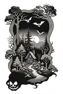 A spooky forest scene with hidden cryptids and creatures, inspired by the client's love for spooky and Halloween tattoo design idea