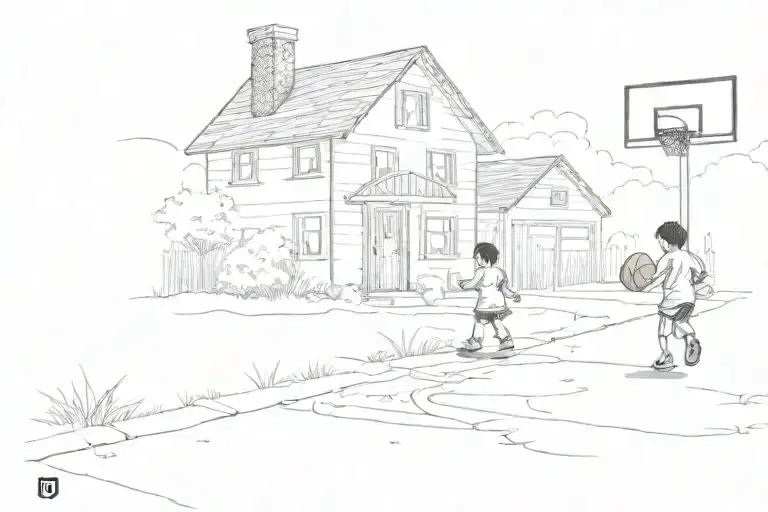 little kid playing basketball in driveway leading to tiny house tattoo design idea