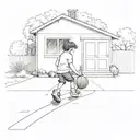little kid playing basketball in driveway leading to tiny house tattoo design idea