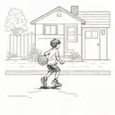 little kid playing basketball in driveway leading to tiny house tattoo design idea