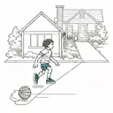 little kid playing basketball in driveway leading to tiny house tattoo design idea