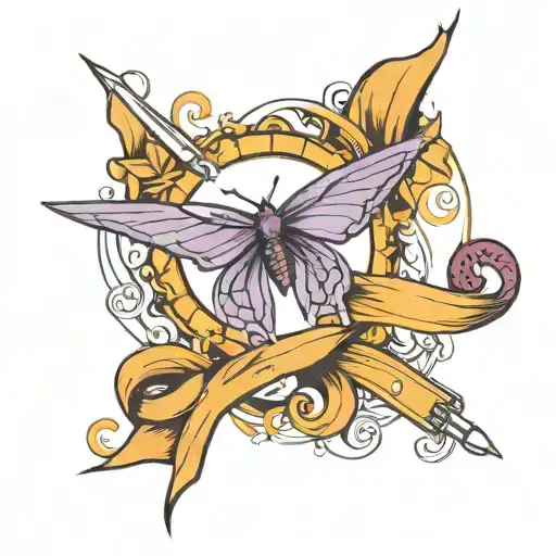 purple cancer ribbon with a butterfly on the corner and a sewing needle lower ribbon and a silouet jet airplane  tattoo design idea